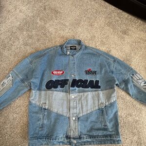 Boohoo Blue and Gray Motorsport Denim Jacket